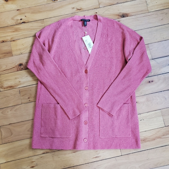 Eileen Fisher Organic Linen Crepe Stretch Boyfriend Cardigan "Coral" - Picture 2 of 10